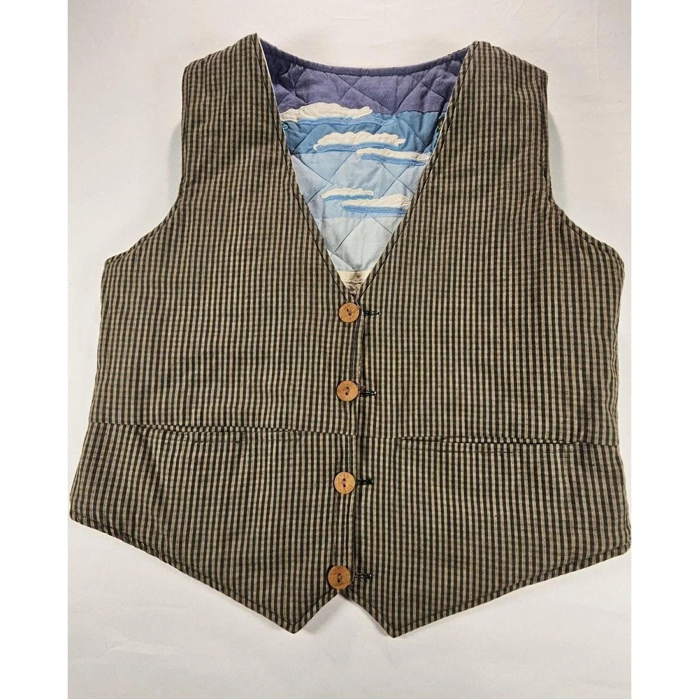 Vintage Unmarked Reversible Quilted‎ Golf Vest Gingham Plaid Wooden Buttons